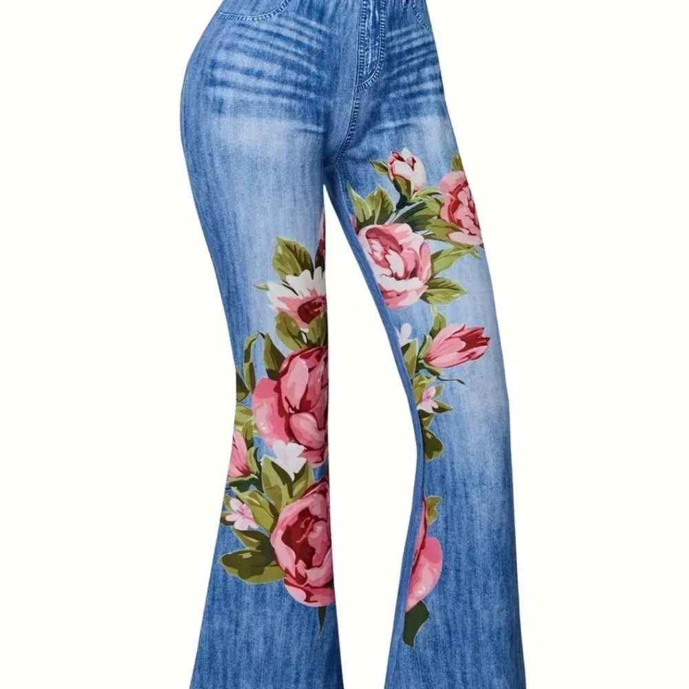 Blue Floral Print Flared Jeans Imitation Denim - Sz Medium - Picture 3 of 7